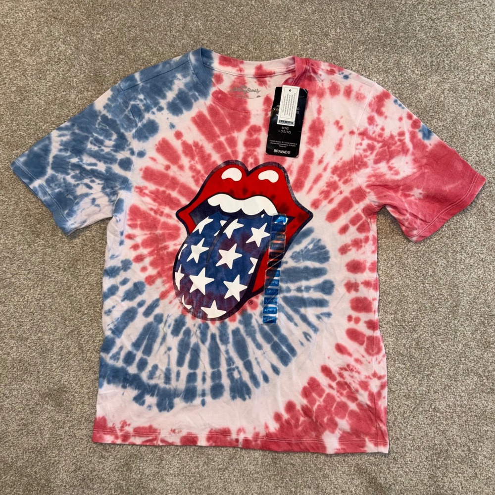 The Rolling Stones T-Shirt Boys L 10/12 Red White Blue Tie Dye Stars Stripes NWT